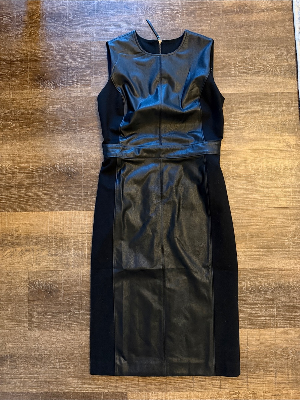 SPANX Black Faux Leather Panel Midi Sheath Dress